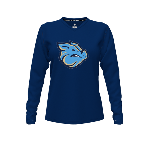 [CUS-DFW-TEES-CMF-VNK-LSL-NVY-FYXS-LOGO3] Decker Comfort T-Shirt (Female Youth XS, Navy, V Neck, Logo 3, Long Sleeve)