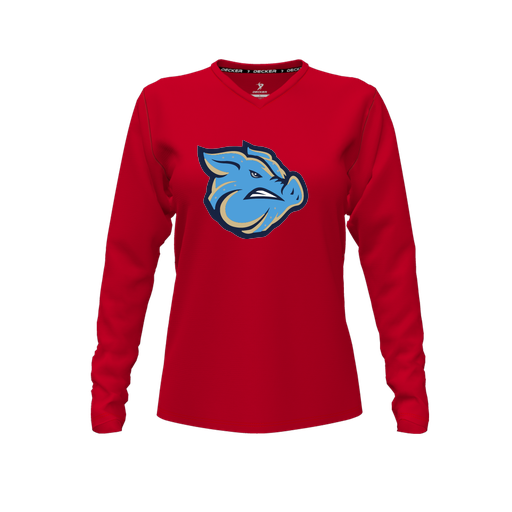 [CUS-DFW-TEES-PER-VNK-LSL-RED-FYXS-LOGO3] Performance T-Shirt (Female Youth XS, Red, V Neck, Logo 3, Long Sleeve)